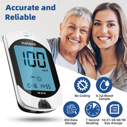 Metene TD-4116 Blood Glucose Monitor Kit 100 Strips No Coding 100 Lancets Lancing Device