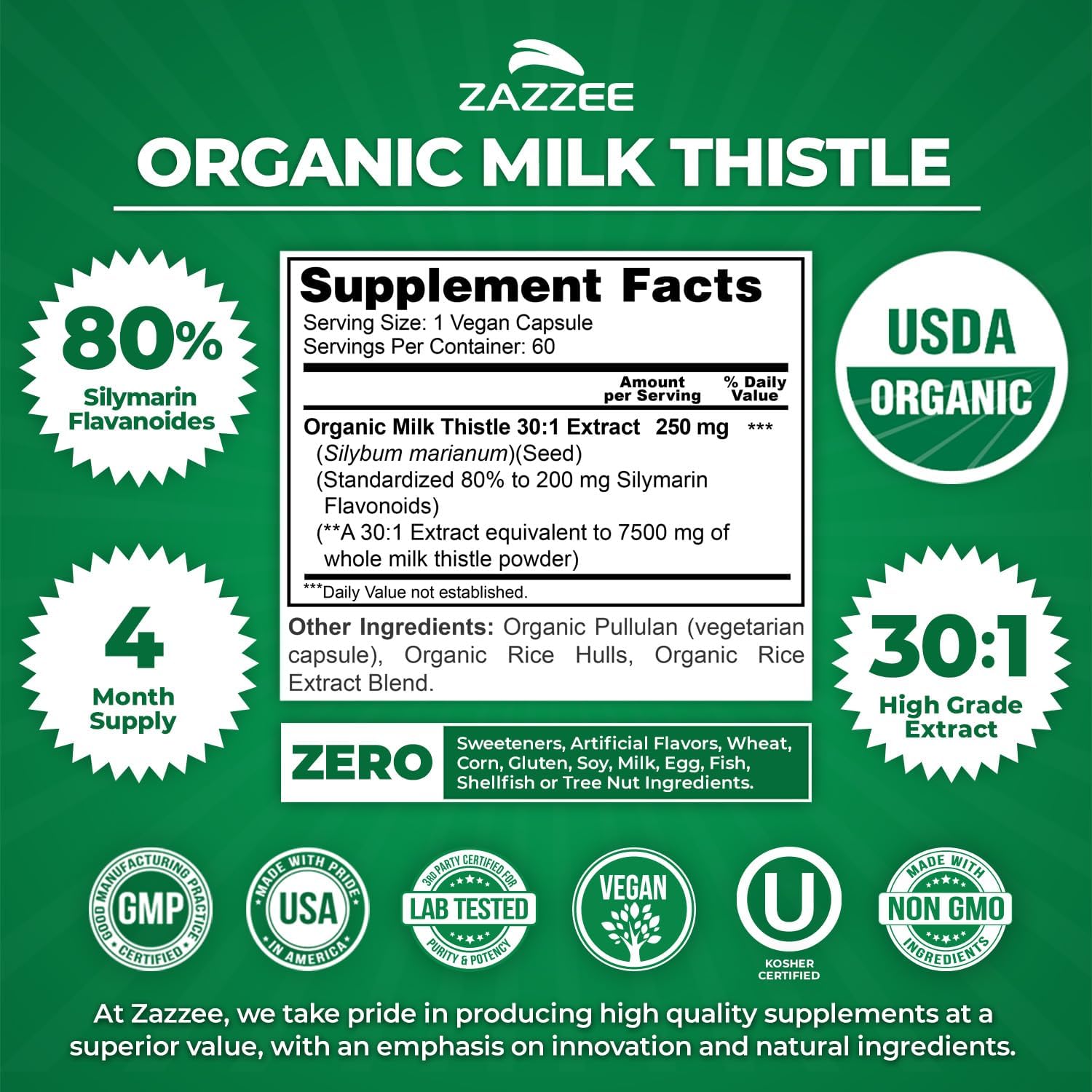 Zazzee Milk Thistle Liver Support Detox Formula Capsules