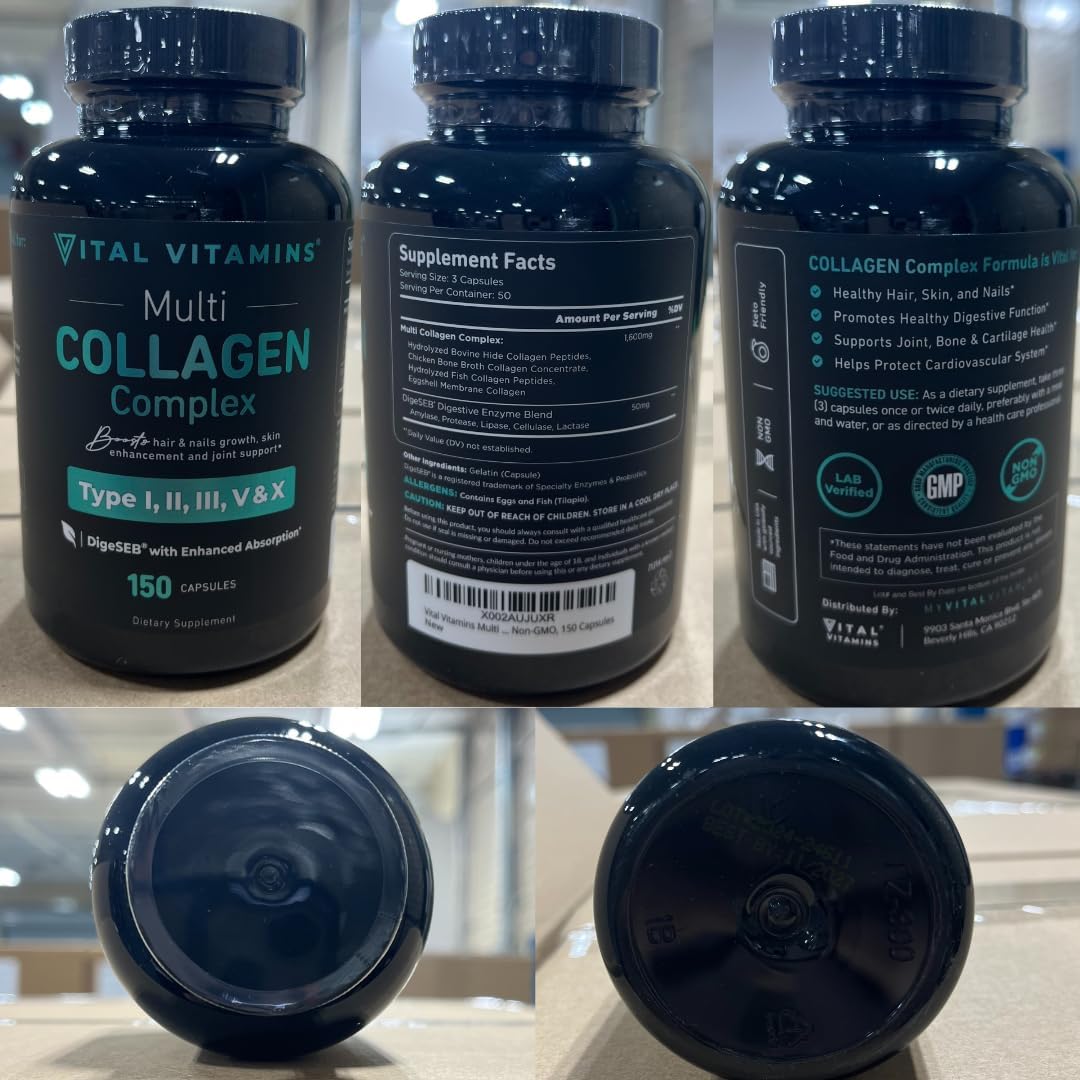 Vital Vitamins Multi Collagen Peptides Capsules Types I II III V X 150 Count