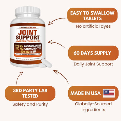 Arazo Nutrition Glucosamine Chondroitin Turmeric MSM Boswellia Joint Support Supplement 180 Tablets