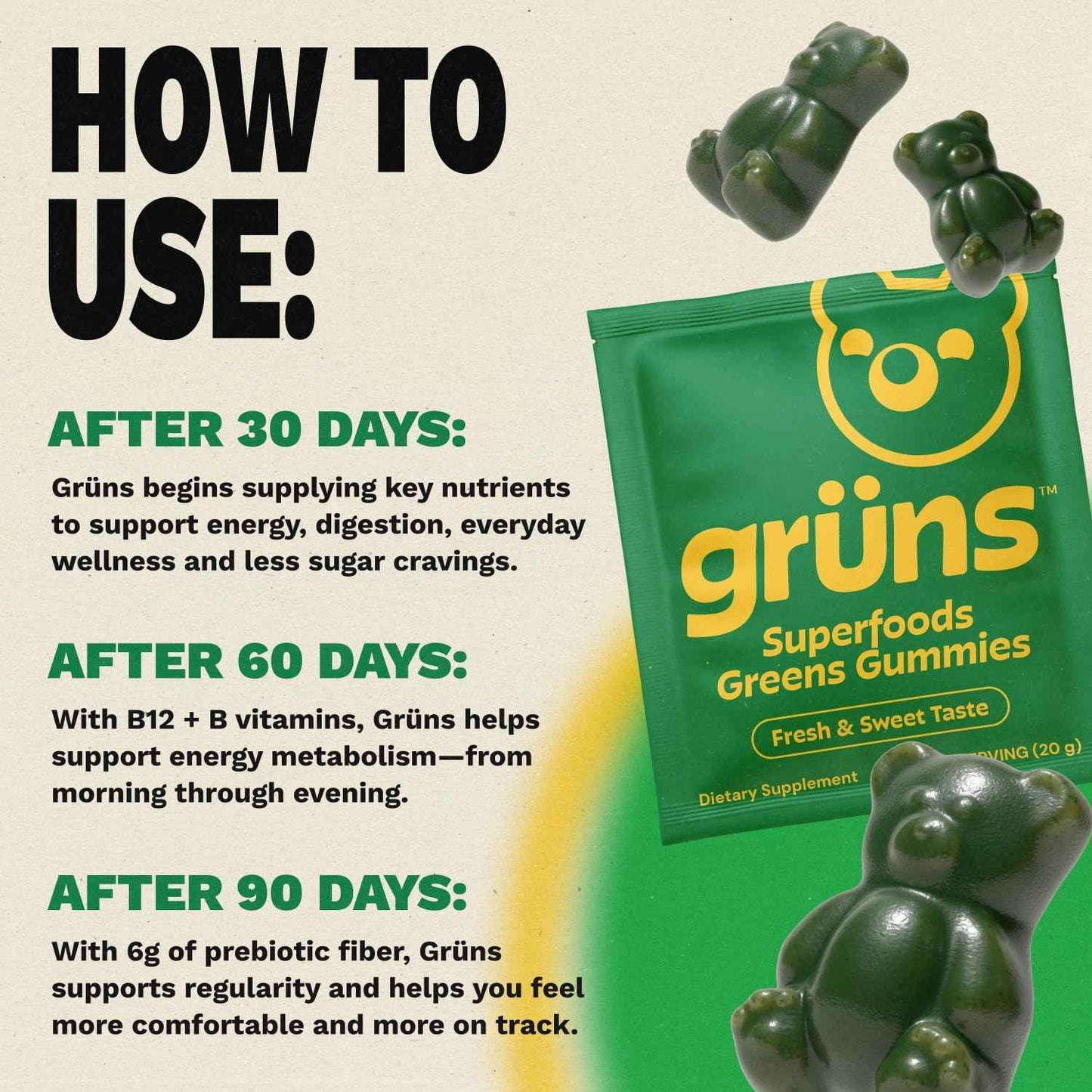 Gruns Adult Super Greens Multivitamin Gummies with Spirulina and Prebiotic Fiber
