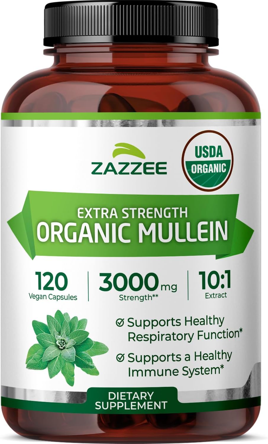 Zazzee Organic Mullein Leaf 10:1 Extract Respiratory Support Capsules