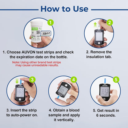 AUVON Blood Glucose Monitor Kit 50 Strips No Coding Diabetes Testing 50 Lancets Lancing Device