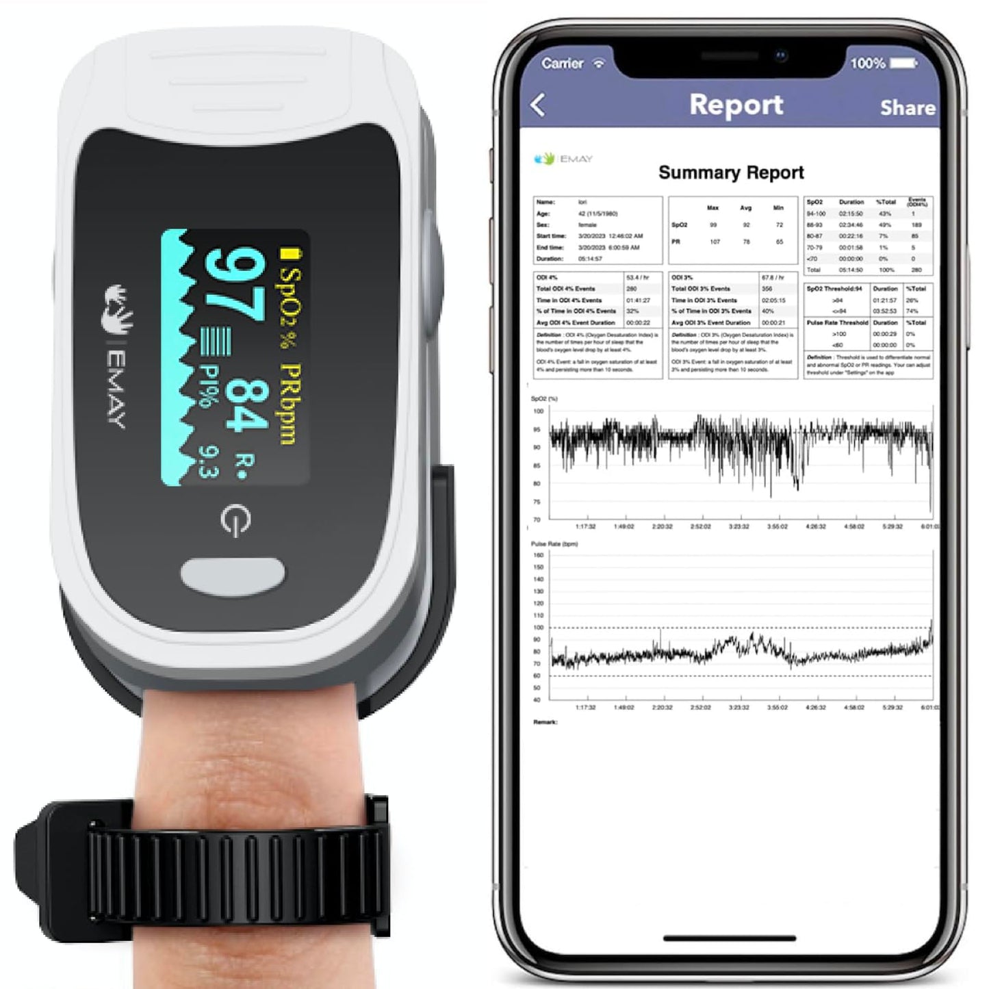 EMAY Sleep Oxygen Monitor Continuous Blood Oximeter with Built-in Recording Overnight Tracking Pulse Rate & Sleep Report