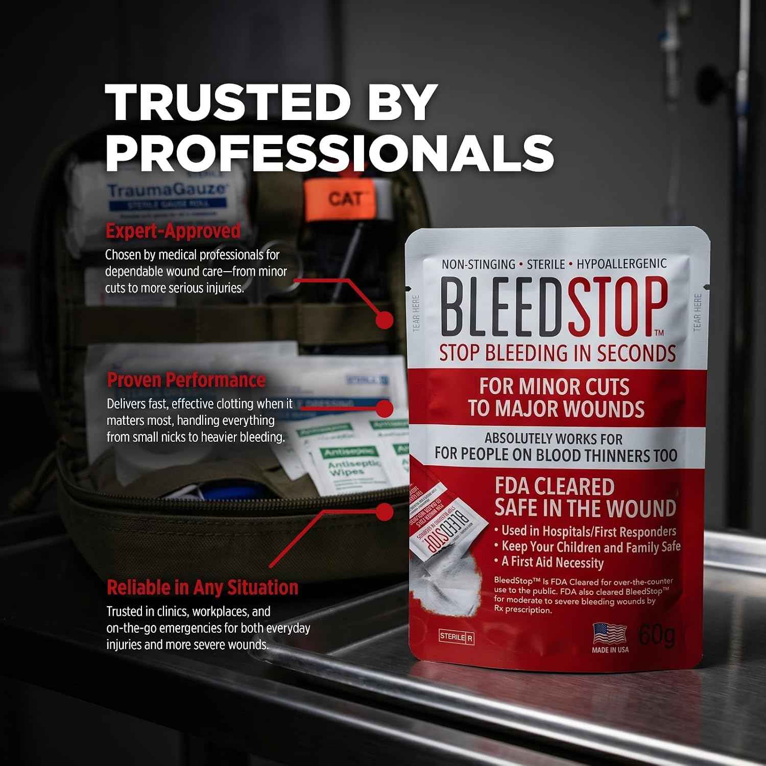 BleedStop First Aid Powder for Blood Clotting Trauma Kit 4 Pouches