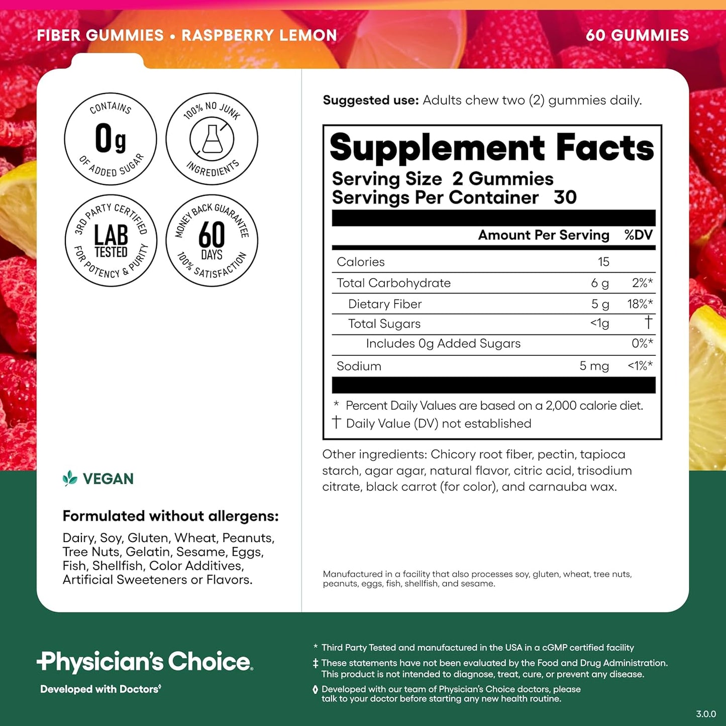 Physician's Choice Fiber Gummies for GLP-1 Support, Raspberry Lemon, 60 Count