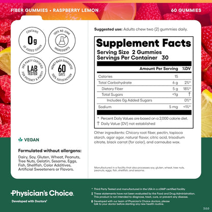 Physician's Choice Fiber Gummies for GLP-1 Support, Raspberry Lemon, 60 Count