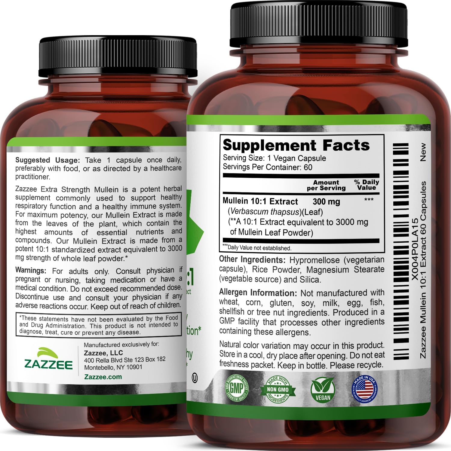 Zazzee Mullein Leaf Extra Strength Respiratory Support Capsules