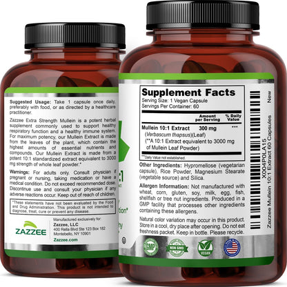 Zazzee Mullein Leaf Extra Strength Respiratory Support Capsules