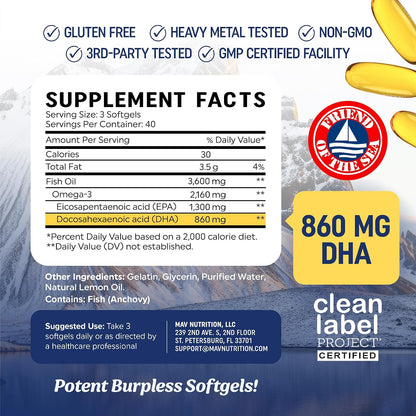 MAV Nutrition Triple Strength DHA Omega-3 Fish Oil Supplement 3600mg Burpless