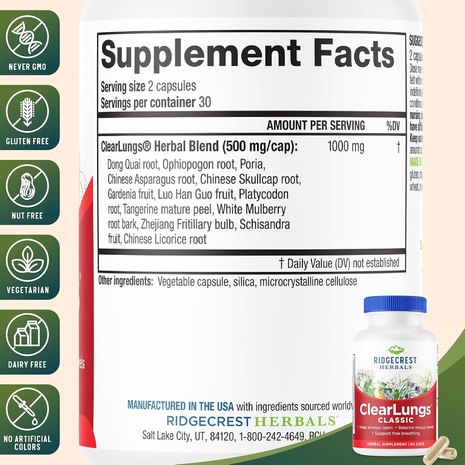 RidgeCrest Herbals ClearLungs Classic Lung Respiratory Support Capsules