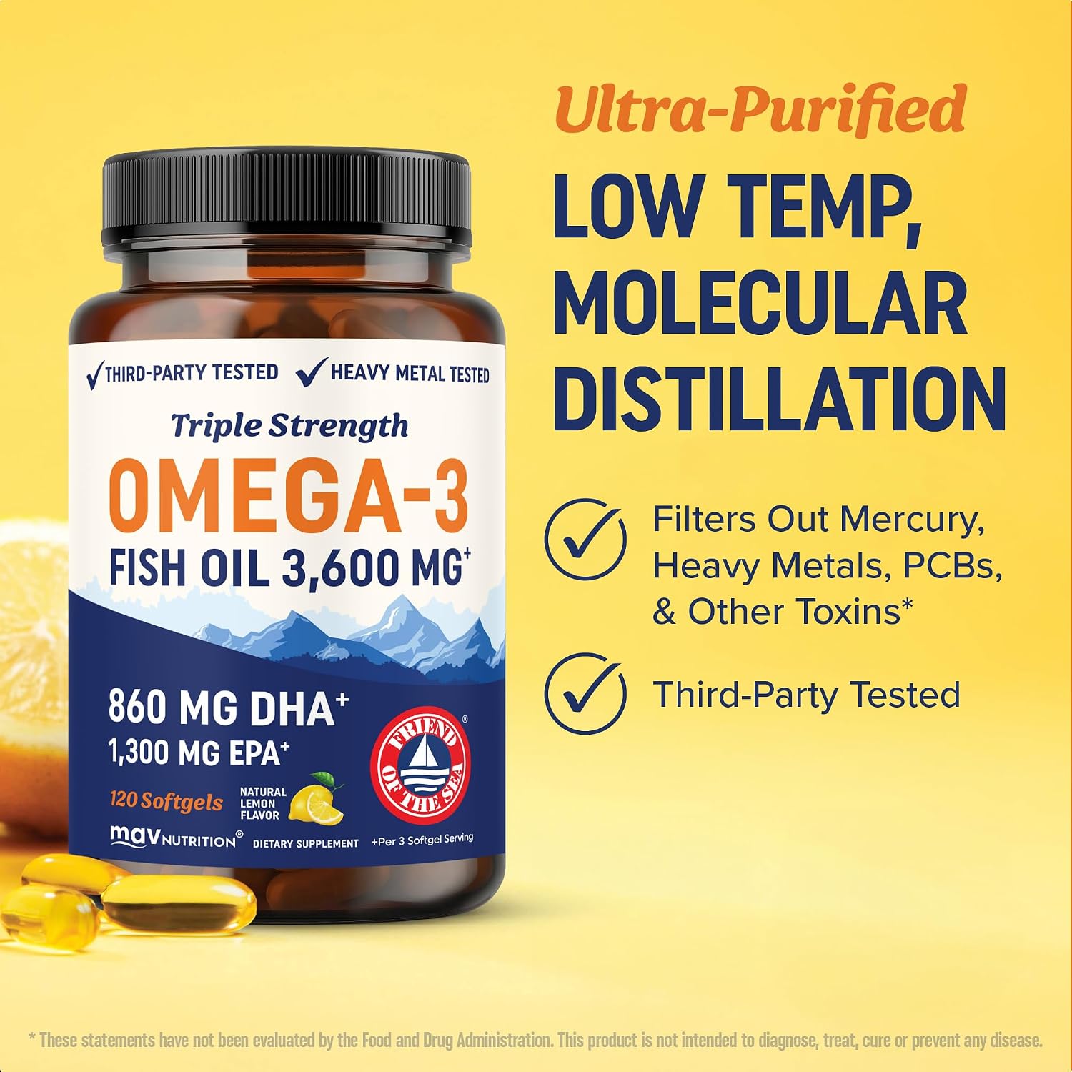 MAV Nutrition Triple Strength DHA Omega-3 Fish Oil Supplement 3600mg Burpless