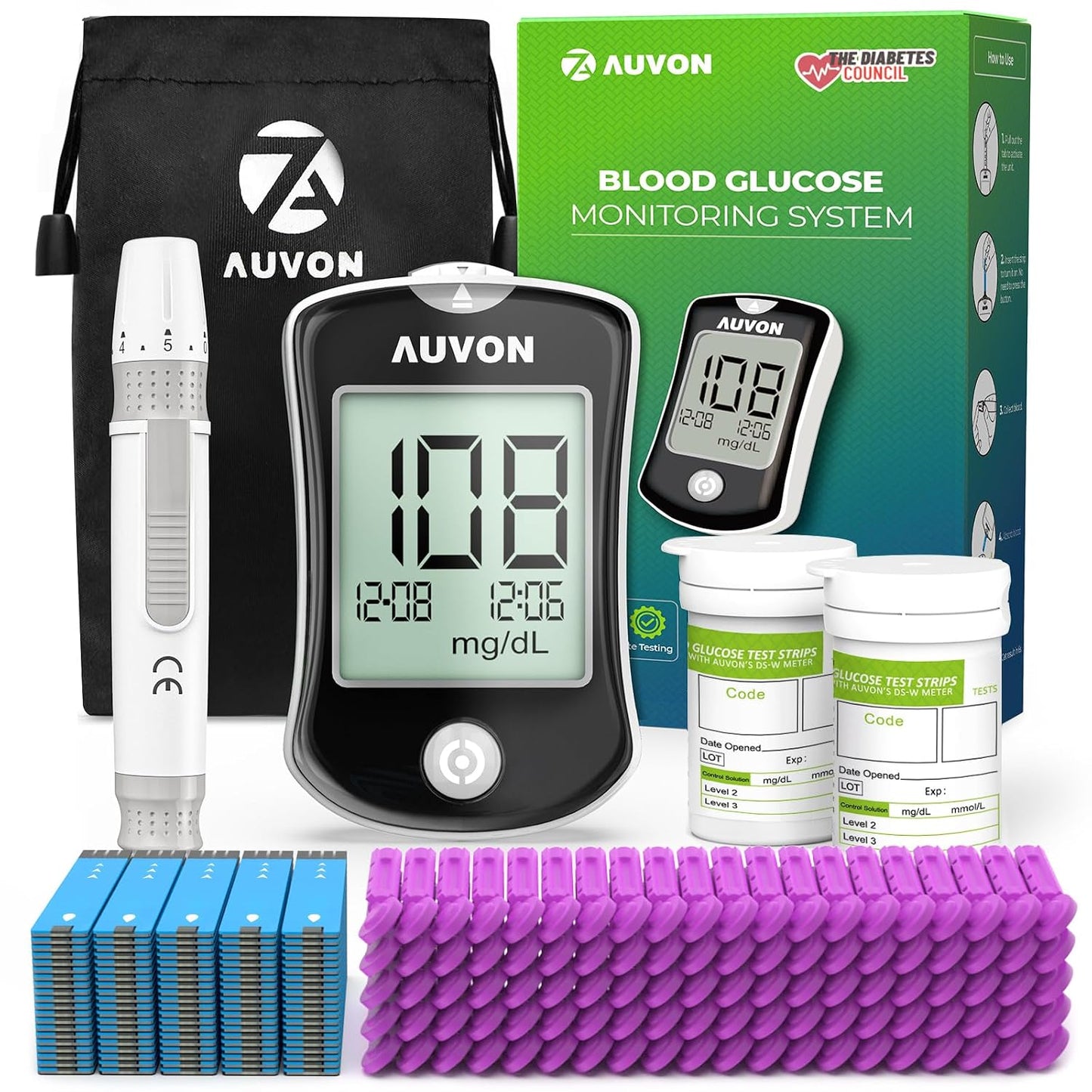 AUVON Blood Glucose Monitor Kit 50 Strips No Coding Diabetes Testing 50 Lancets Lancing Device