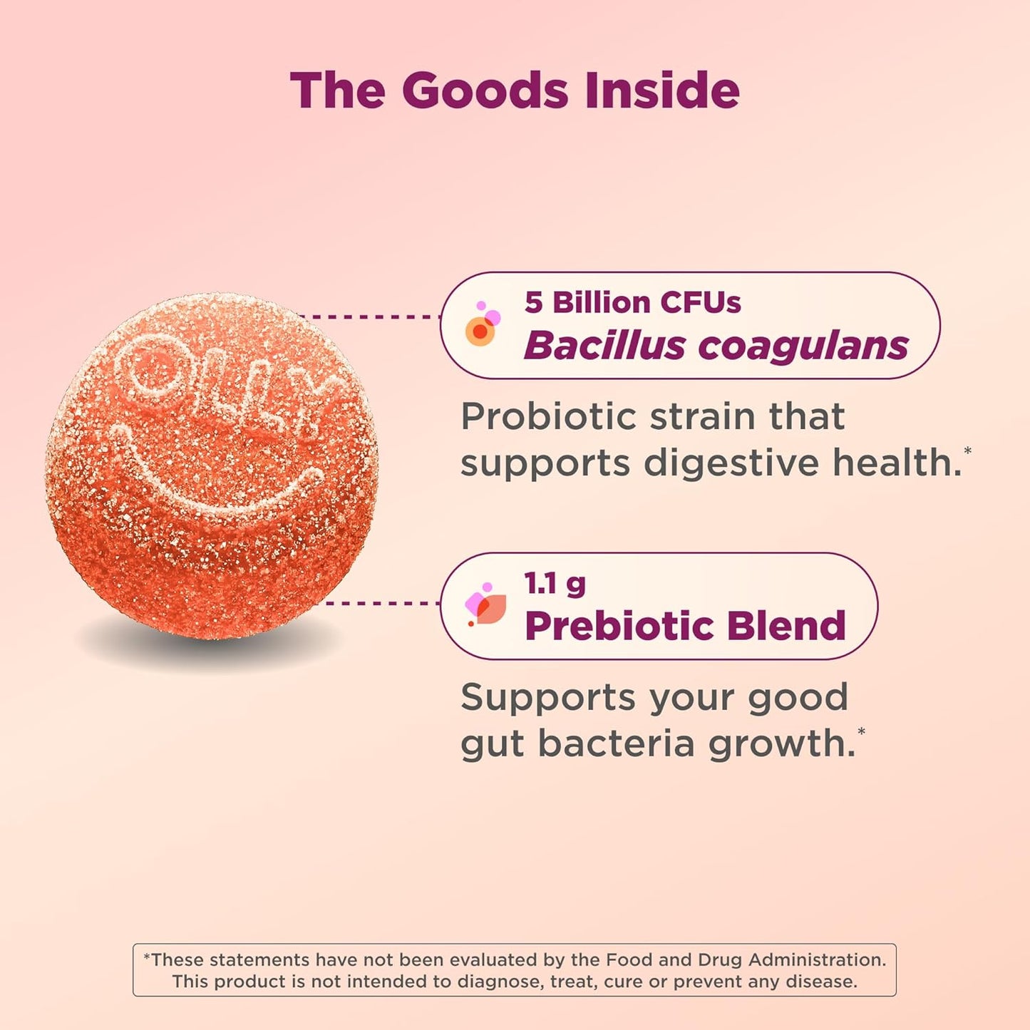 Olly Probiotic + Prebiotic Gummy Supplement Peach 500 Million CFUs 30 Count