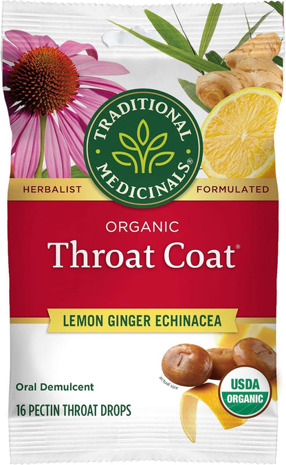 Traditional Medicinals Throat Coat Lemon Ginger Respiratory Support Lozenges
