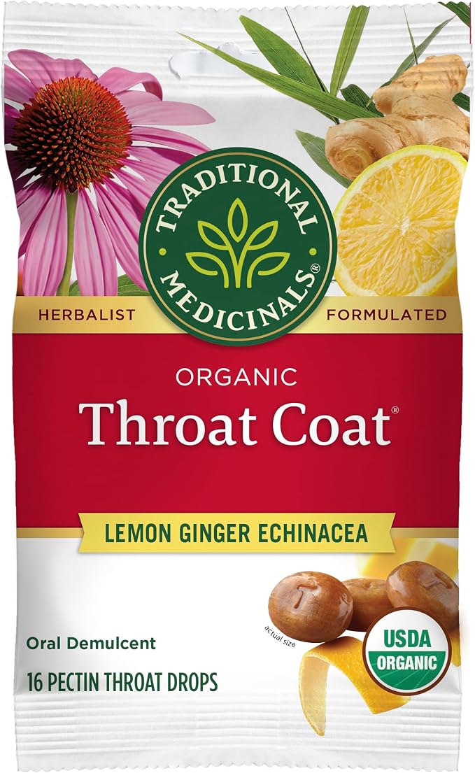 Traditional Medicinals Throat Coat Lemon Ginger Respiratory Support Lozenges