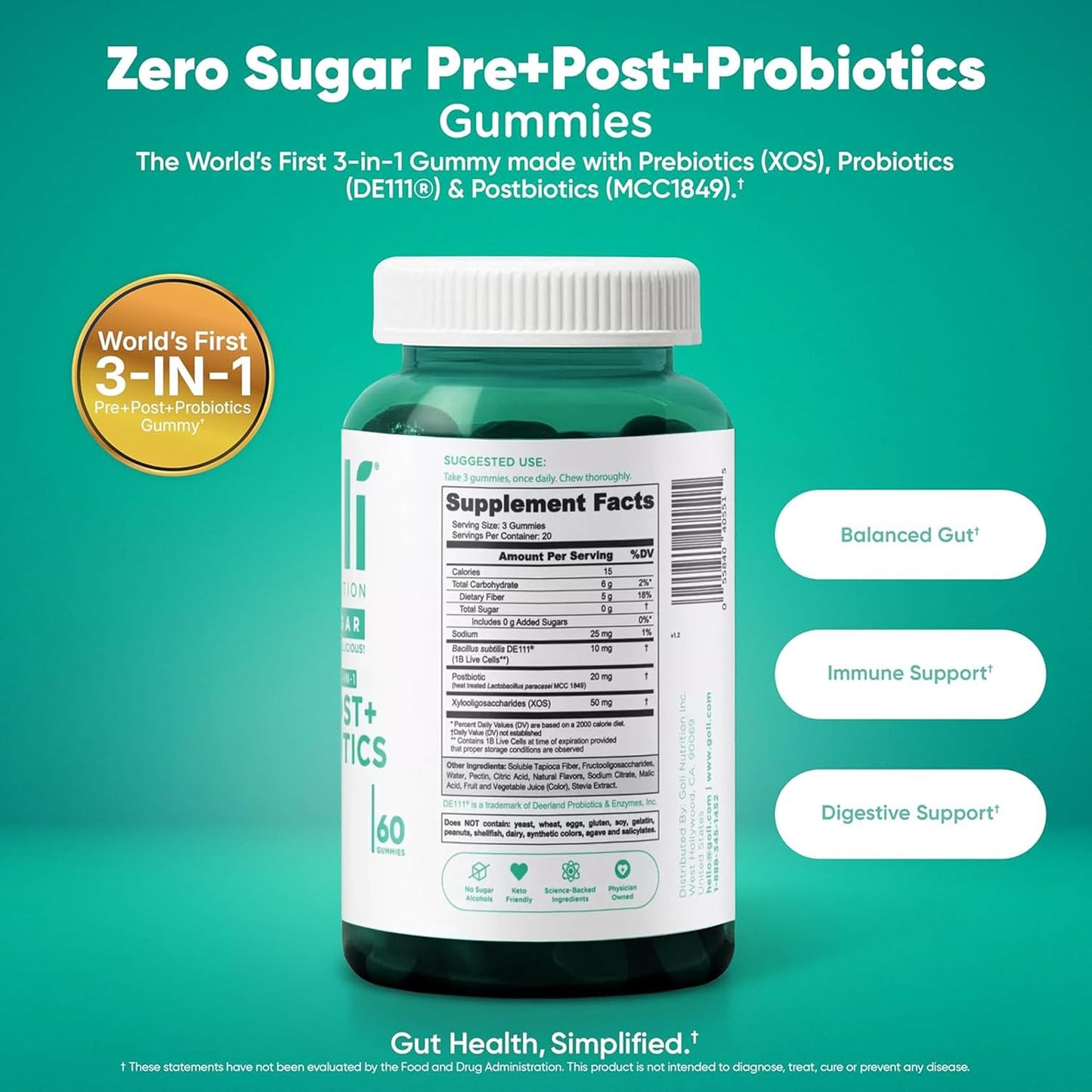 Goli Zero Sugar Trio Dietary Supplement Gummies