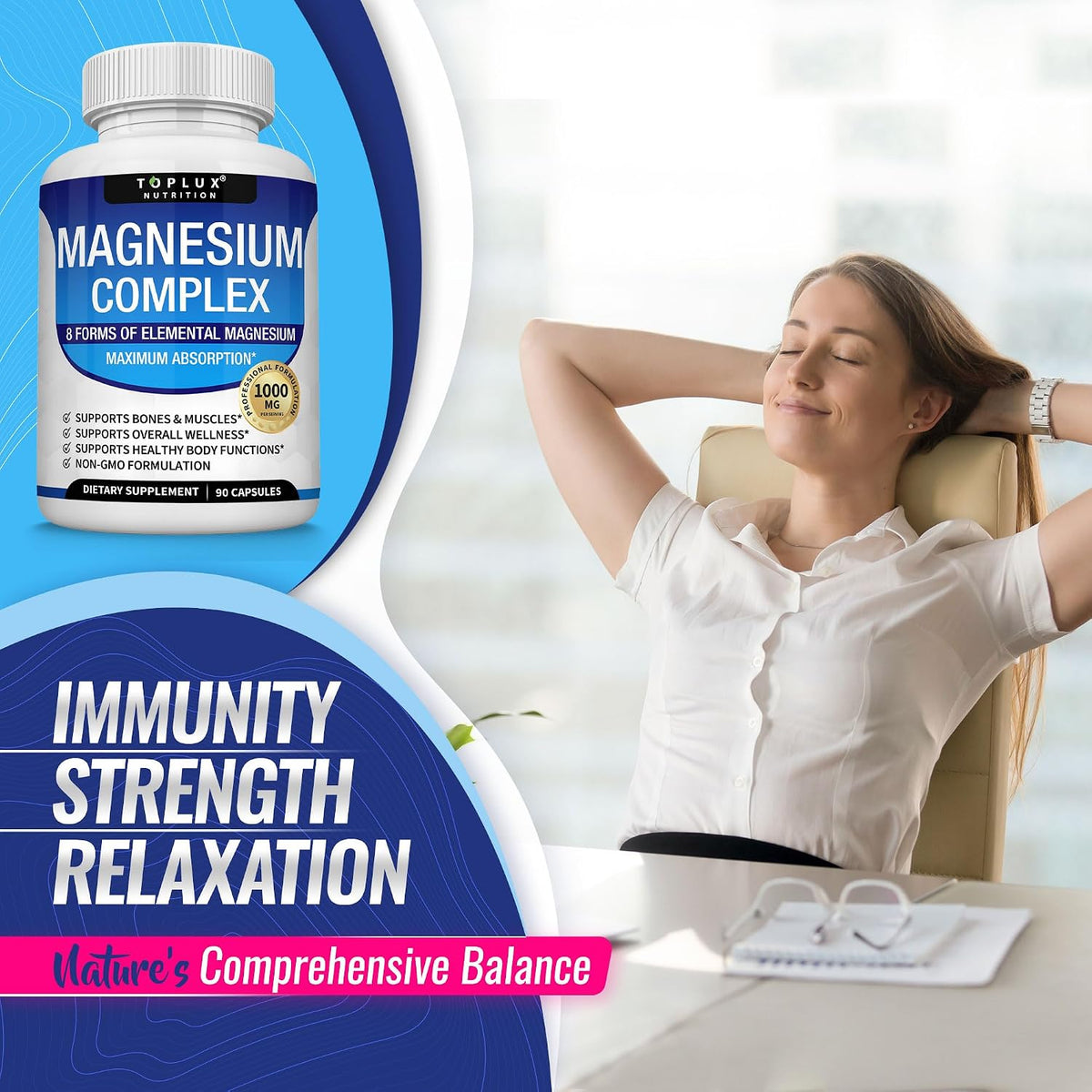 Toplux Magnesium Complex capsules showing 90 capsules, featuring magnesium glycinate, citrate, malate, and taurate for muscle and bone support