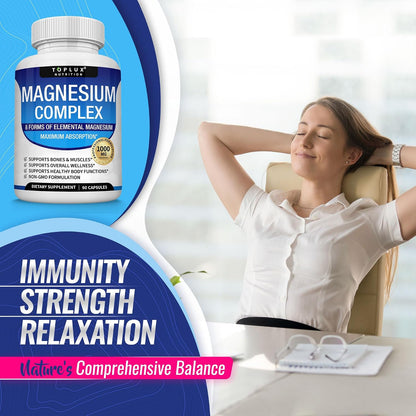 Toplux Magnesium Complex capsules showing 90 capsules, featuring magnesium glycinate, citrate, malate, and taurate for muscle and bone support