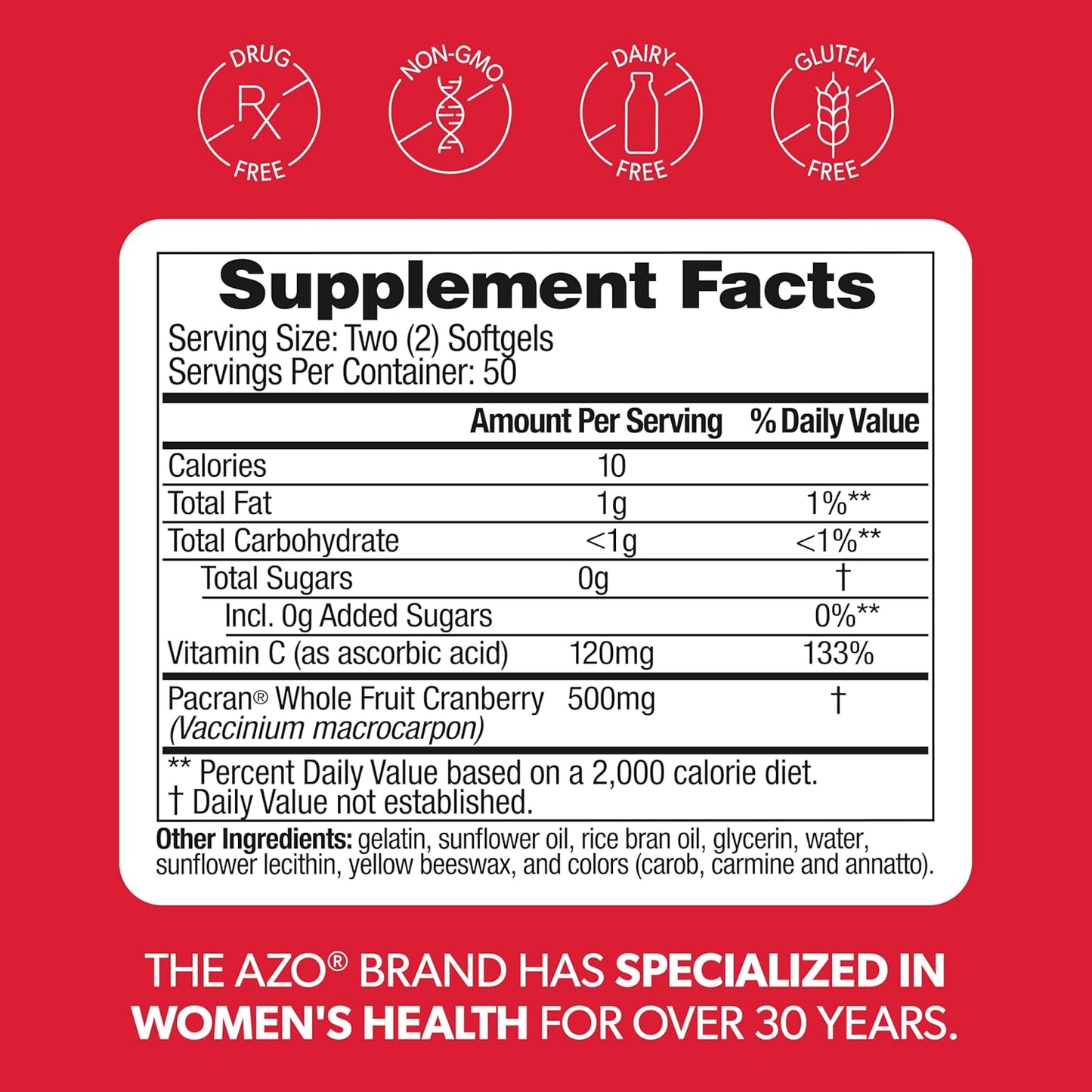 AZO Cranberry Supplement Dietary Softgels Sugar Free Non-GMO 100 Count
