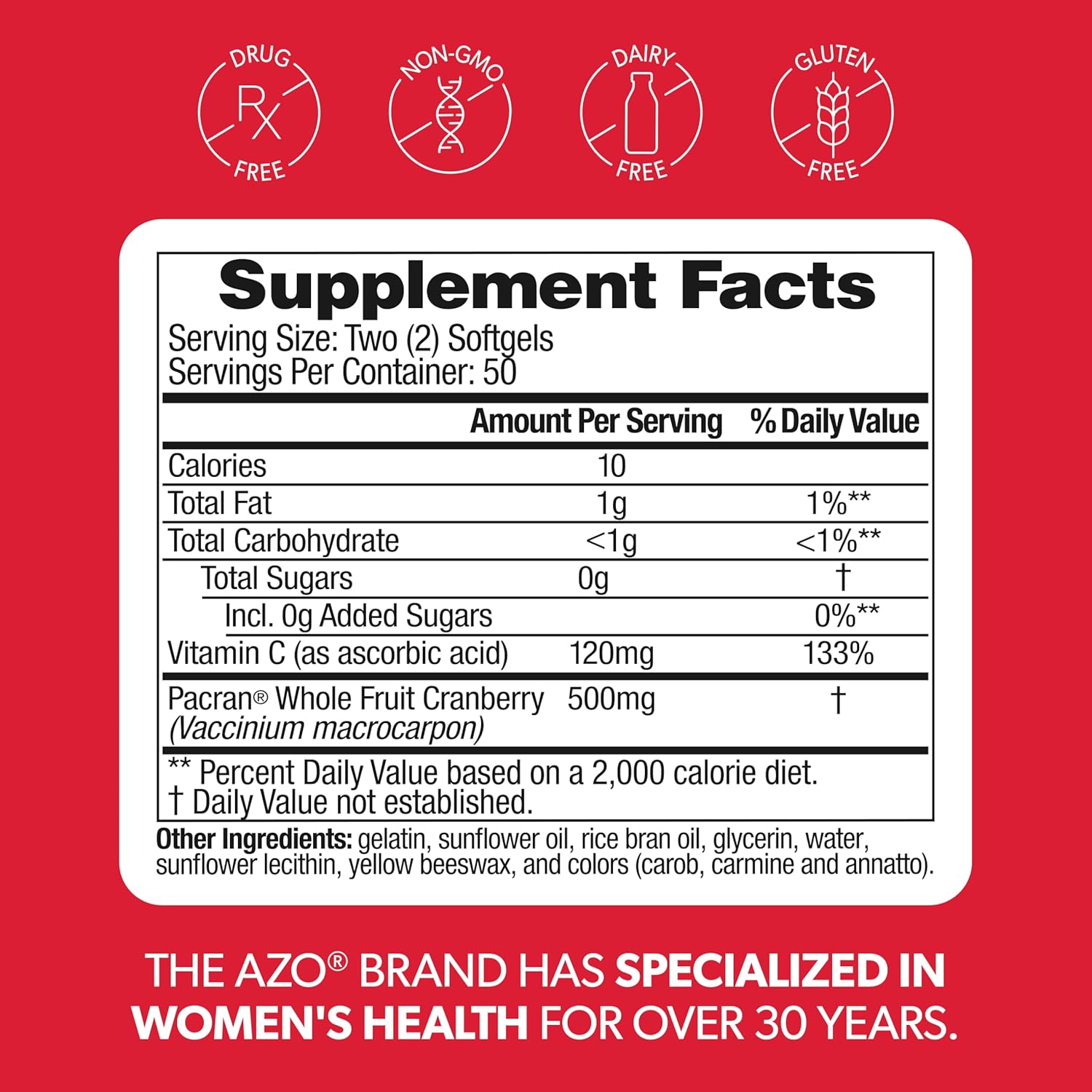AZO Cranberry Supplement Dietary Softgels Sugar Free Non-GMO 100 Count