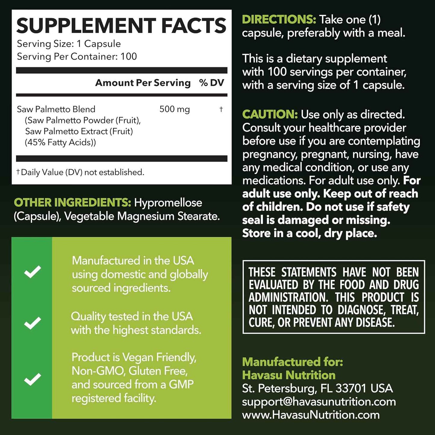 Havasu Nutrition Saw Palmetto Men's Prostate Health Supplement 500mg 100 Count