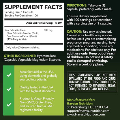 Havasu Nutrition Saw Palmetto Men's Prostate Health Supplement 500mg 100 Count