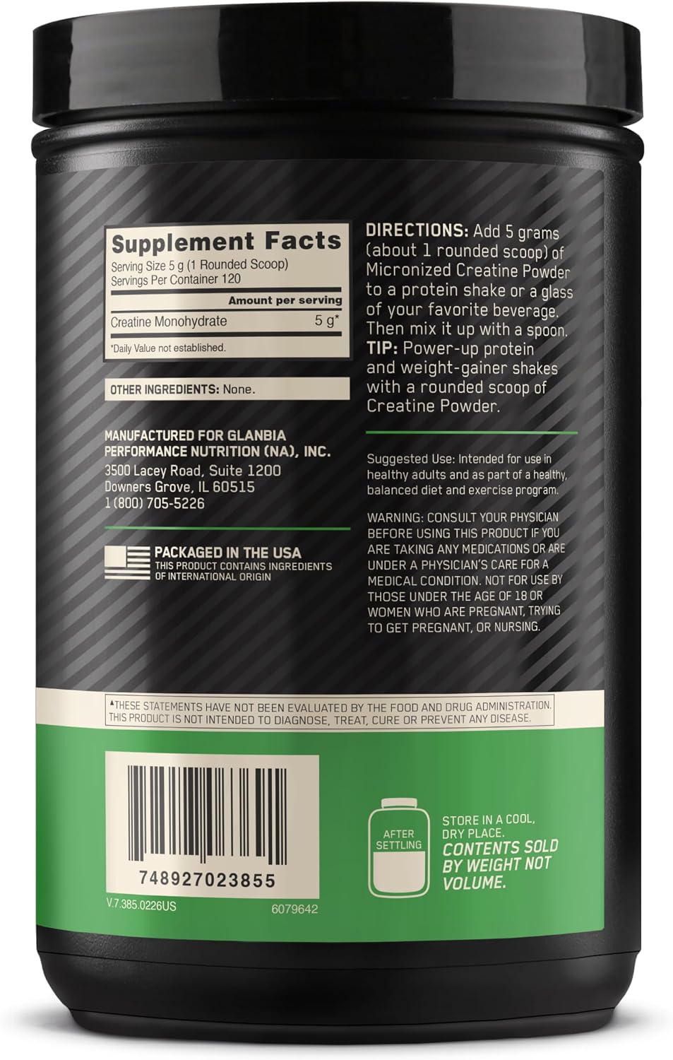 Optimum Nutrition Micronized Creatine Monohydrate Powder 5g Per Serving 120 Servings