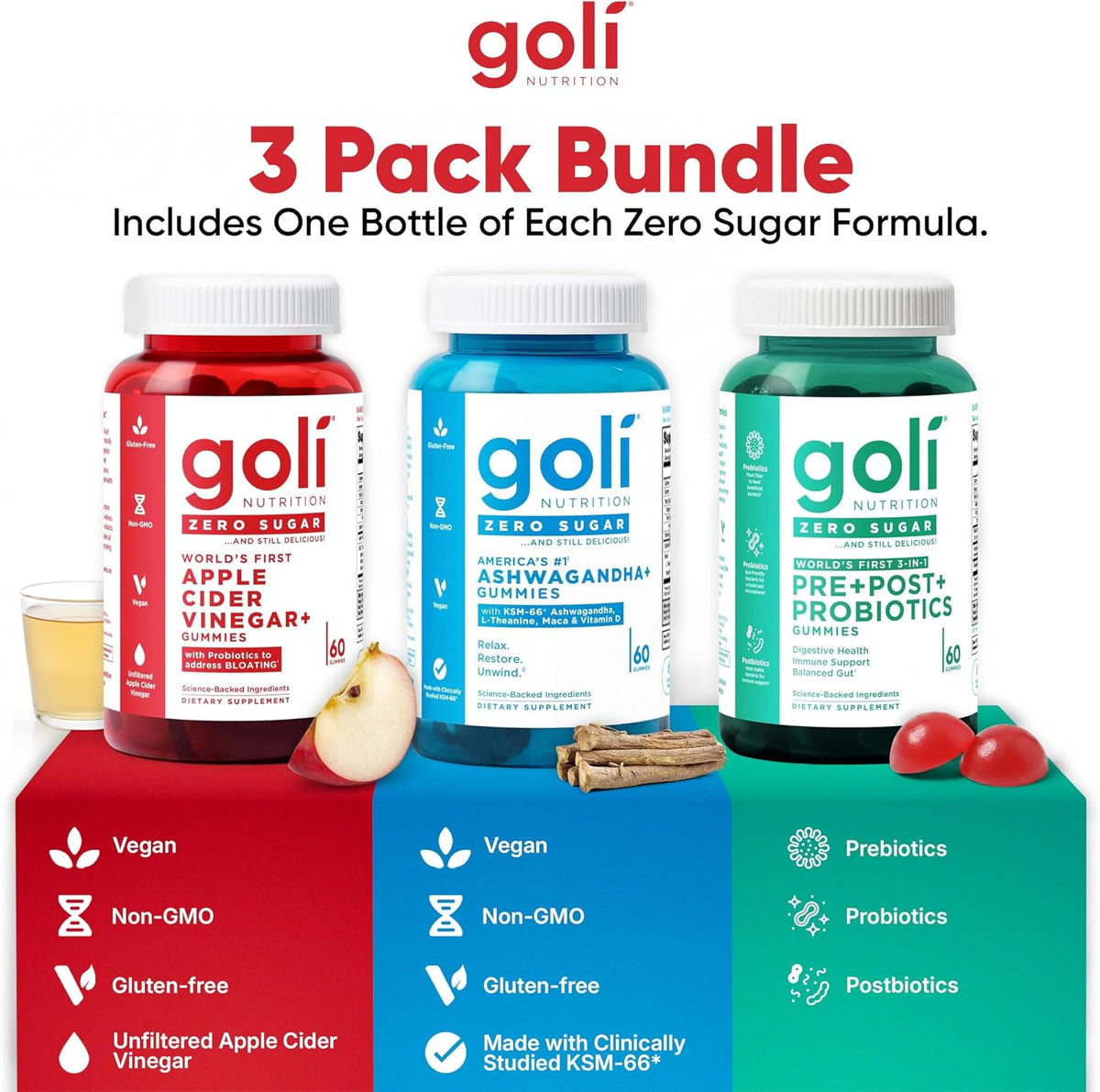 Goli Zero Sugar Wellness Trio Gummies 180 Count