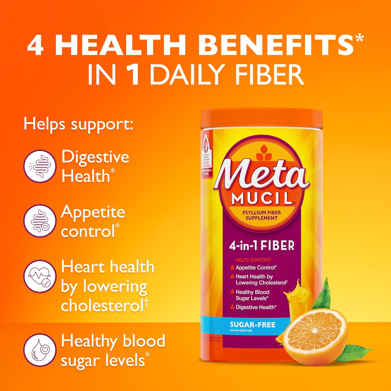 Metamucil 4-in-1 Psyllium Husk Fiber Supplement Sugar-Free Orange 180 Servings
