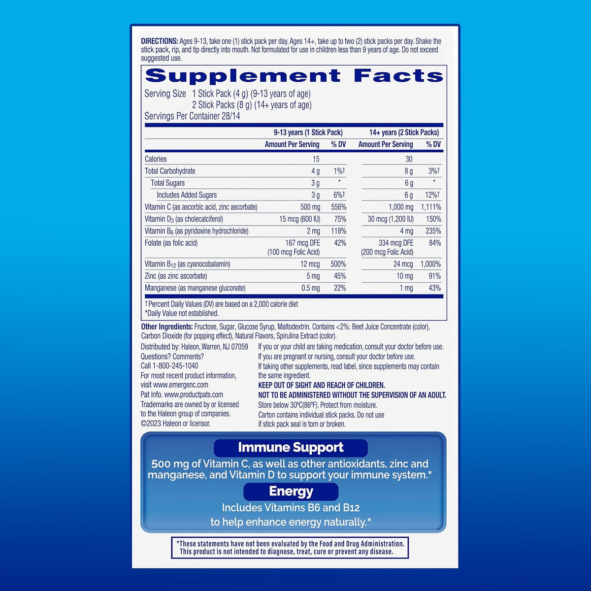 Emergen-C Immune+ 500 mg Immune Support Dietary Supplement Crystals