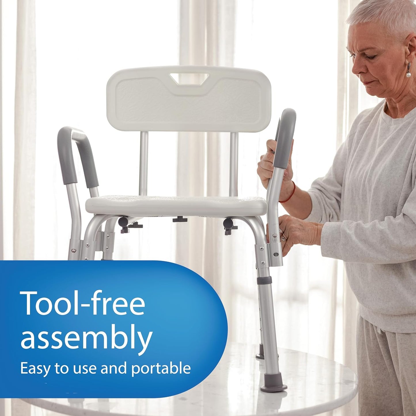 Medline Shower Chair with Backrest Padded Armrests 350 lb Capacity Bath Bench Seat Stool