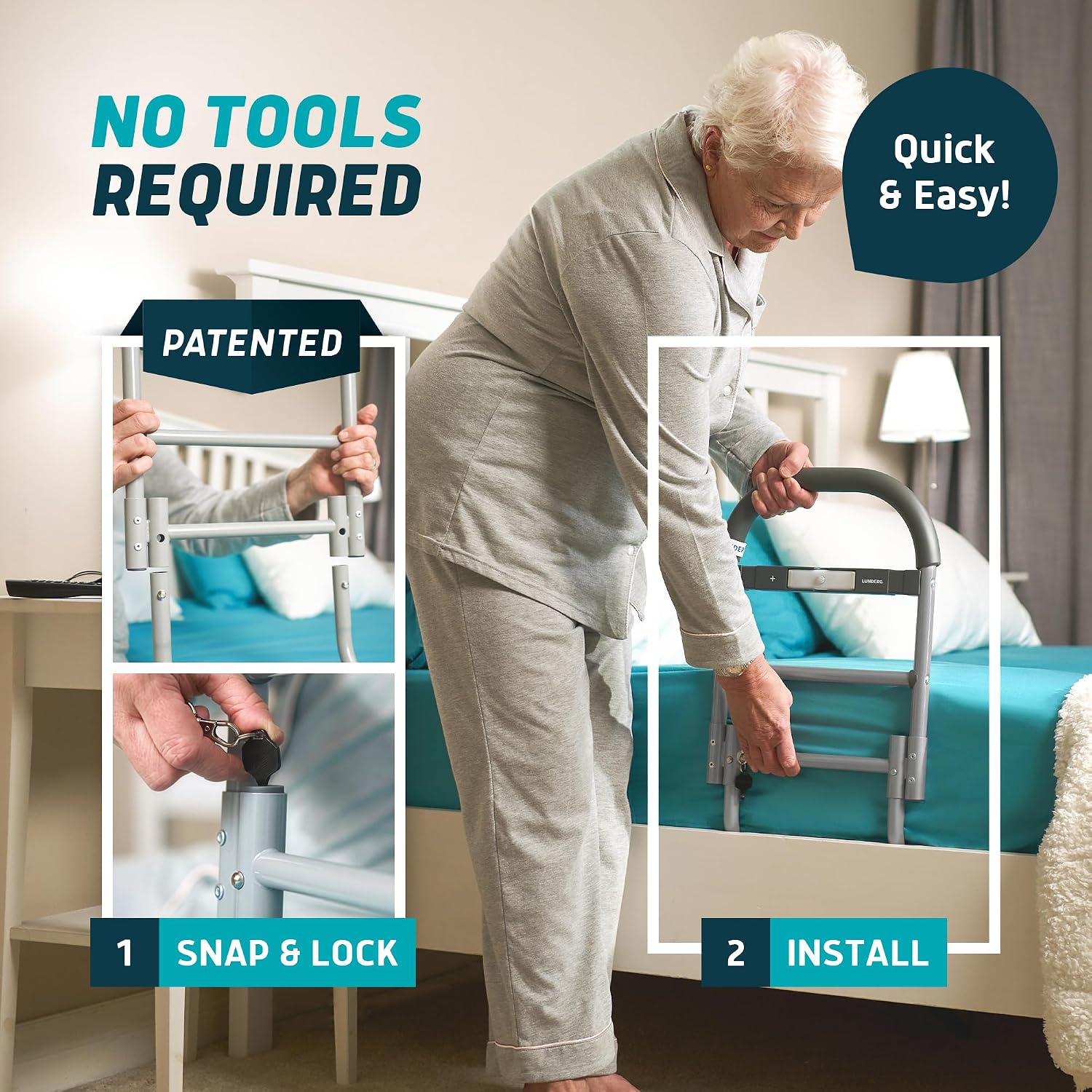 Lunderg Bed Assist Rail for Seniors Motion Light Non-Slip Grab Bar Easy Install Elderly Safety Support