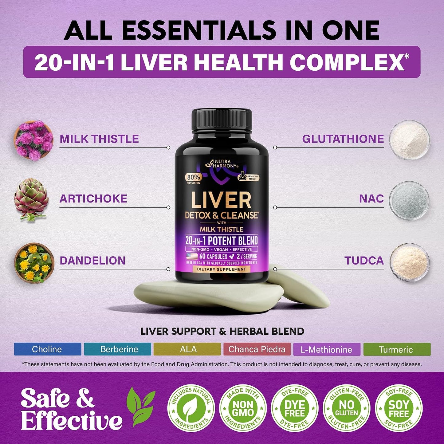 NUTRAHARMONY Milk Thistle TUDCA Liver Cleanse Detox Support Capsules