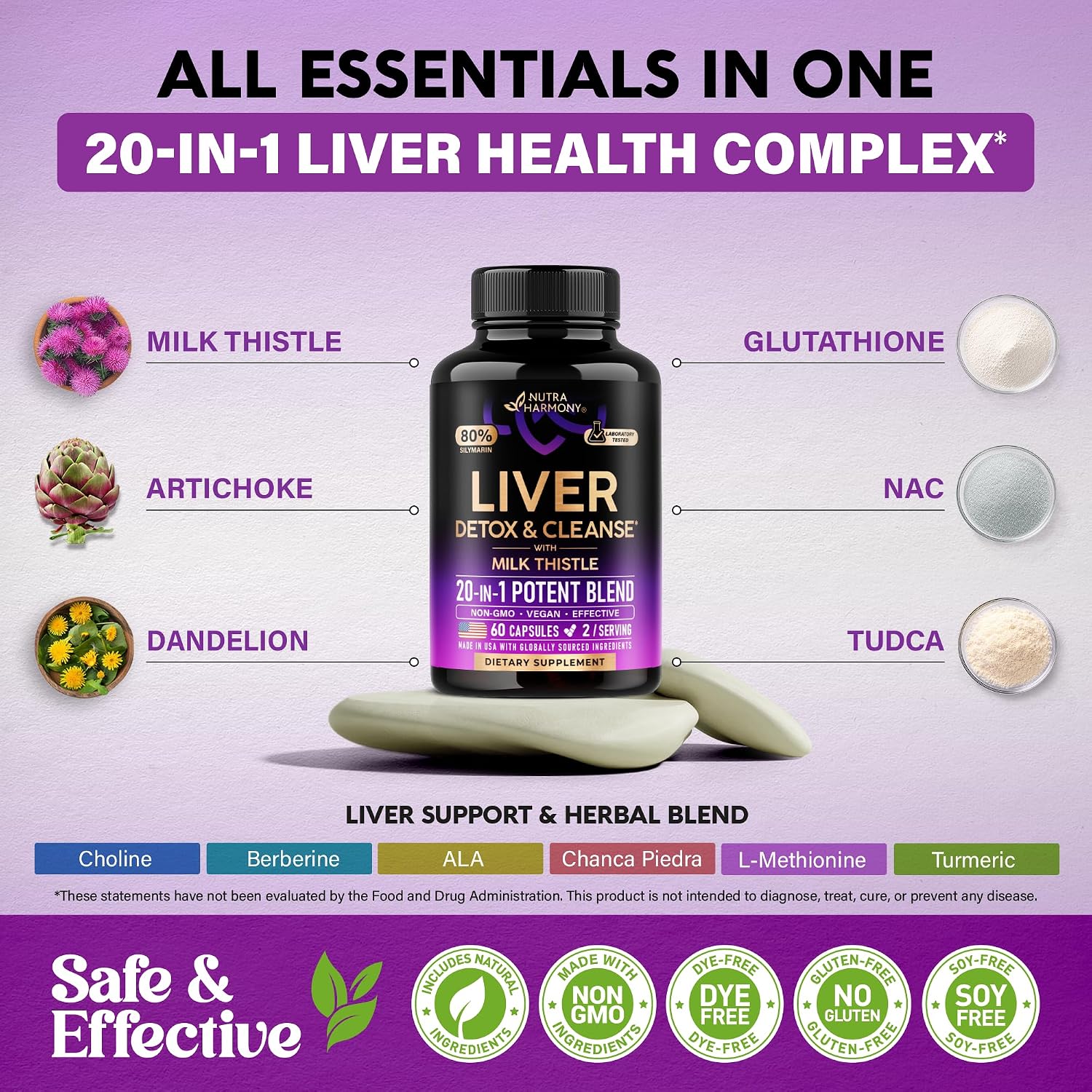 NUTRAHARMONY Milk Thistle TUDCA Liver Cleanse Detox Support Capsules