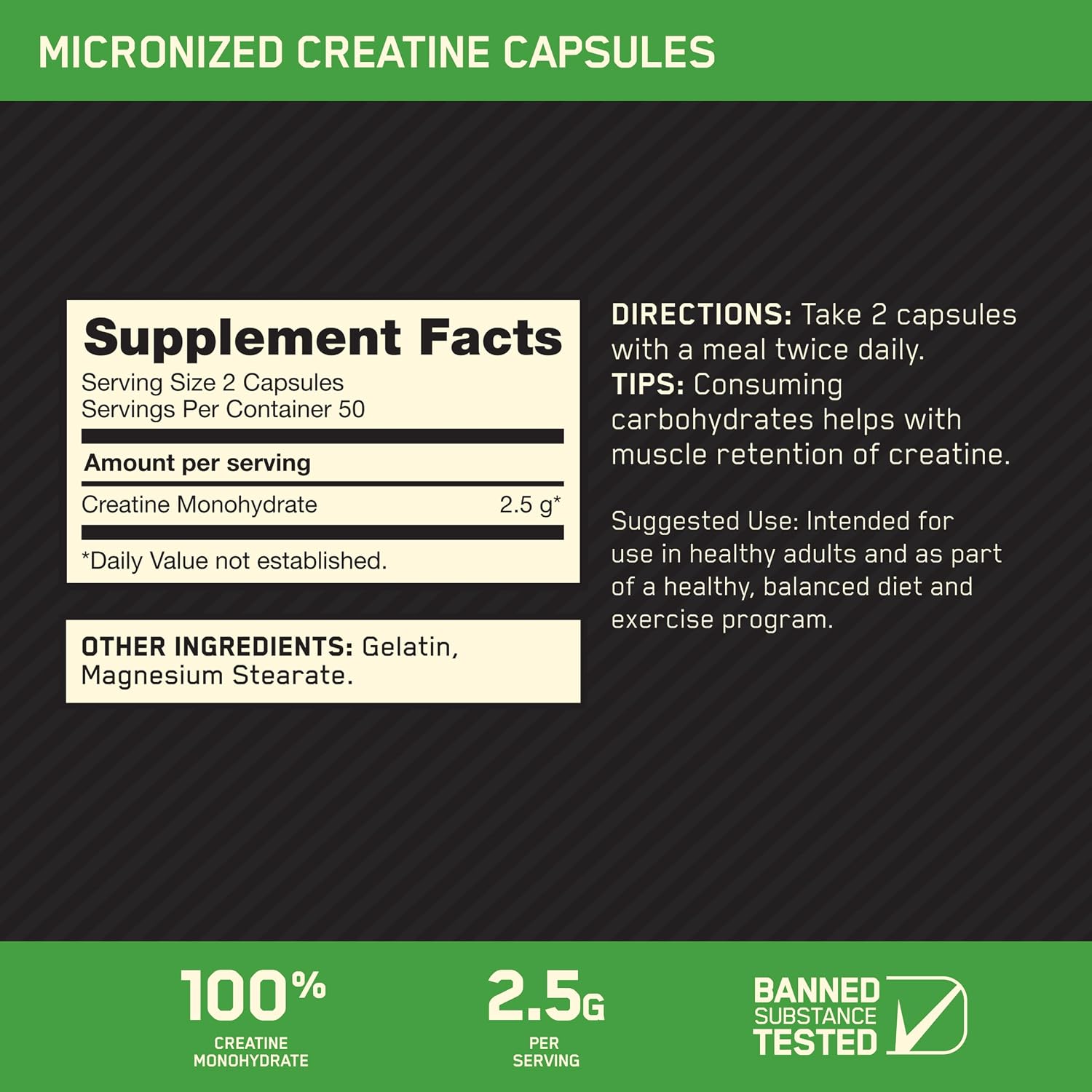 Optimum Nutrition Micronized Creatine Monohydrate Capsules 2.5g Per Serving 50 Servings