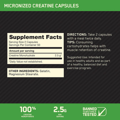 Optimum Nutrition Micronized Creatine Monohydrate Capsules 2.5g Per Serving 50 Servings