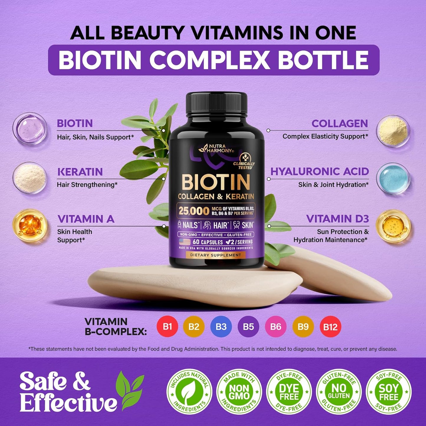 NutraHarmony Biotin Collagen Hyaluronic Acid Keratin Hair Growth Supplement 25000mcg