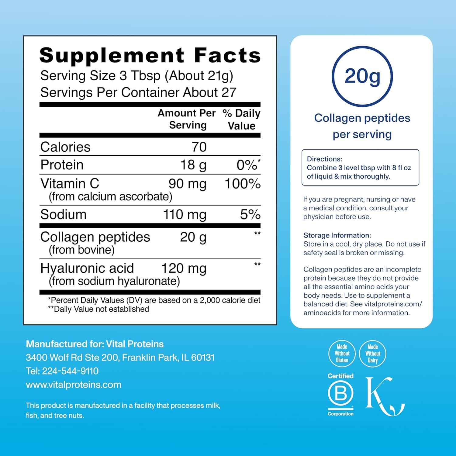 Vital Proteins Advanced Collagen Peptides Powder Unflavored with Hyaluronic Acid & Vitamin C 20oz