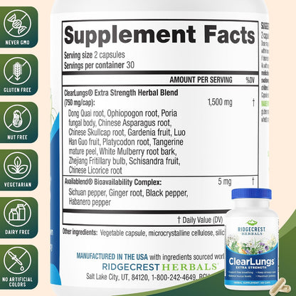 RidgeCrest Herbals ClearLungs Extra Strength Lung Respiratory Support Capsules