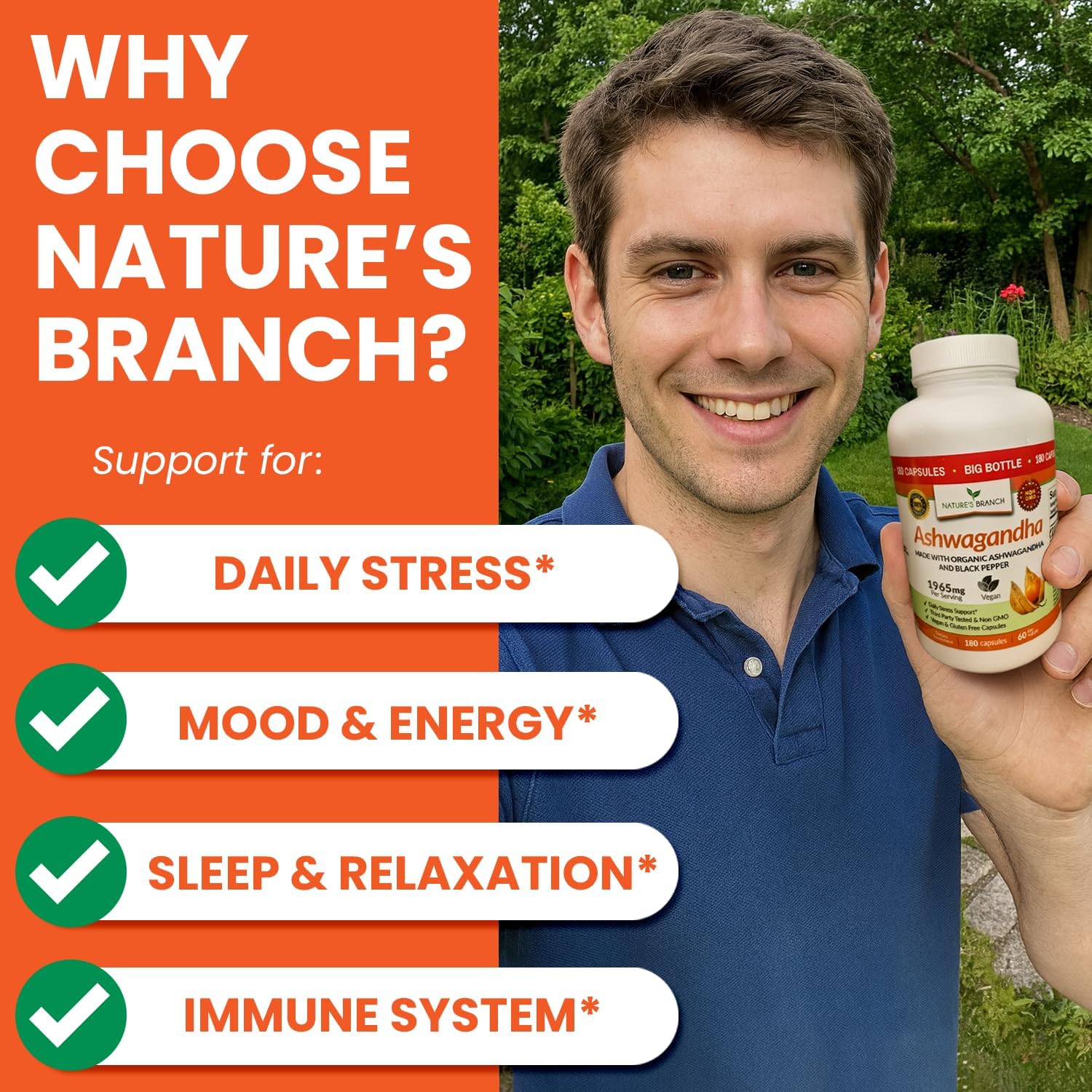 Nature's Branch Organic Ashwagandha Stress Sleep Mood Support Capsules 180 Count