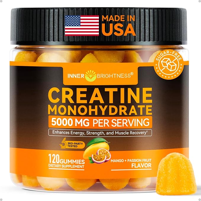 Inner Brightness Creatine Monohydrate Gummies 5000mg for Muscle Growth, Strength & Energy, Sugar Free, Vegan, 120 Count