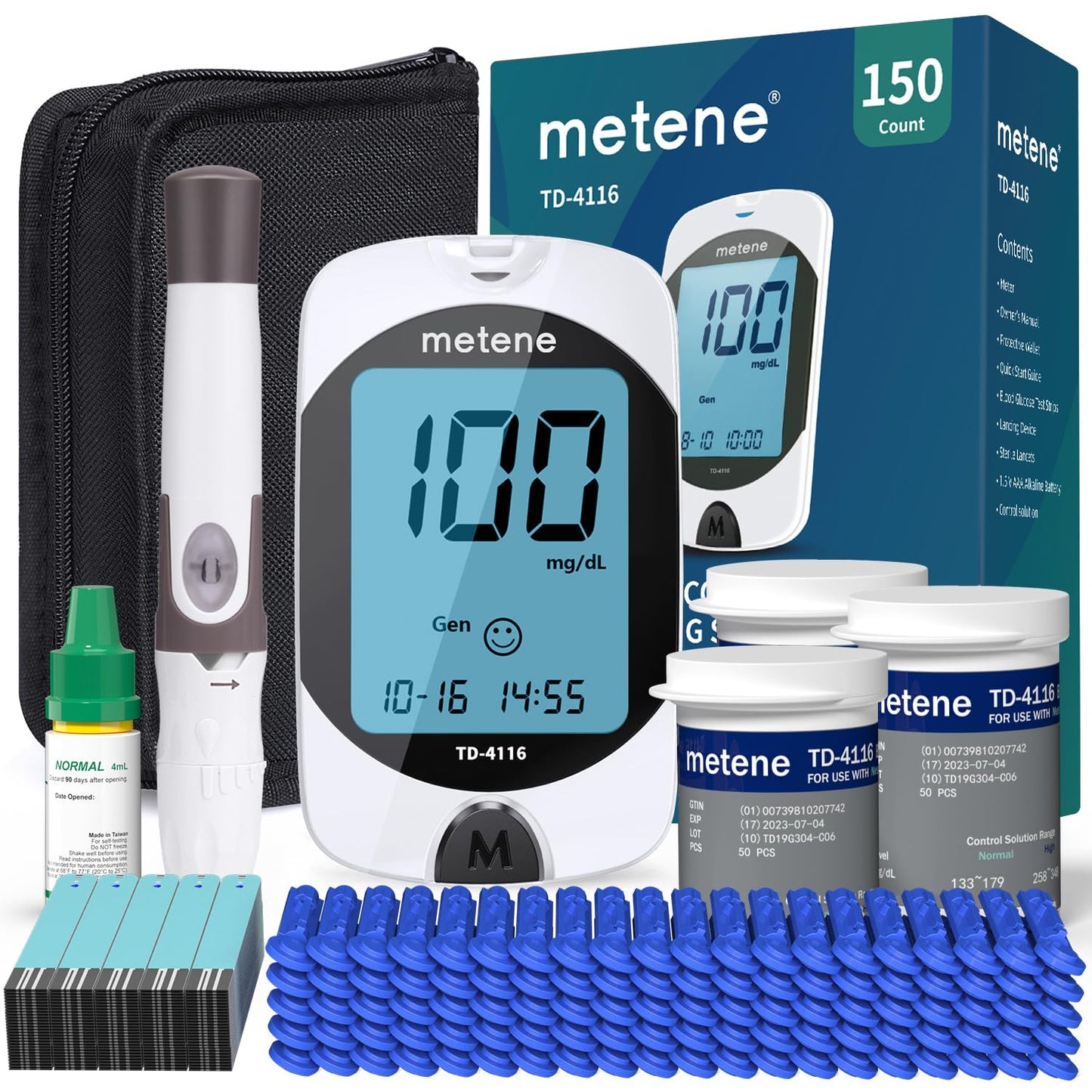 Metene TD-4116 Blood Glucose Monitor Kit 100 Strips No Coding 100 Lancets Lancing Device