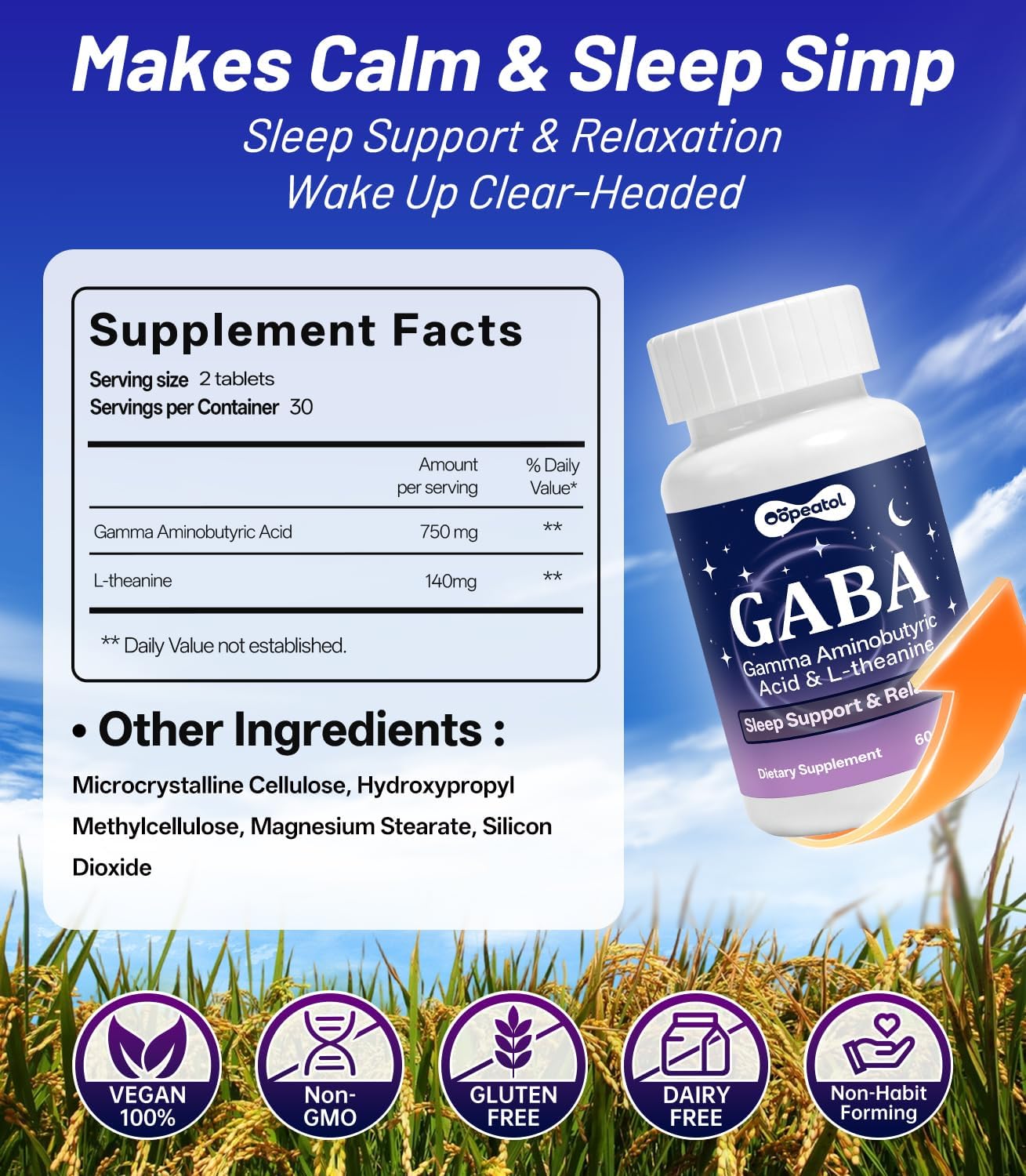 Oopeatol GABA L-Theanine Stress Sleep Mood Support Tablets 60 Count