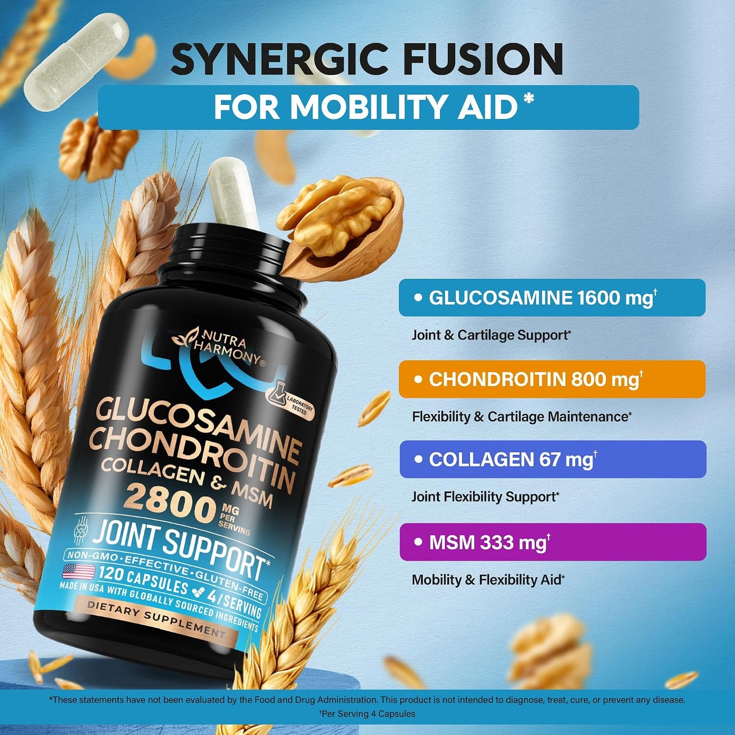 Nutra Harmony Glucosamine Chondroitin MSM Collagen Joint Supplement 2800mg 120 Capsules