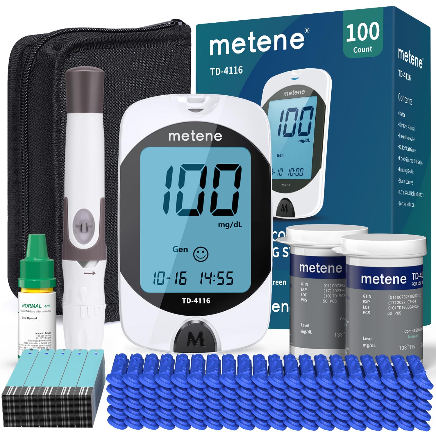 Metene TD-4116 Blood Glucose Monitor Kit 100 Strips No Coding 100 Lancets Lancing Device