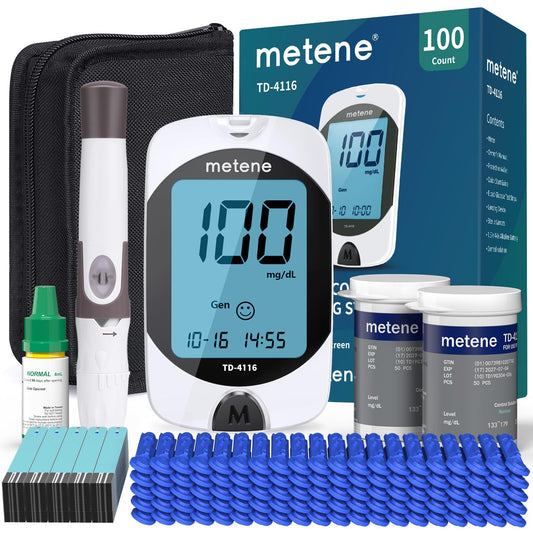 Metene TD-4116 Blood Glucose Monitor Kit 100 Strips No Coding 100 Lancets Lancing Device