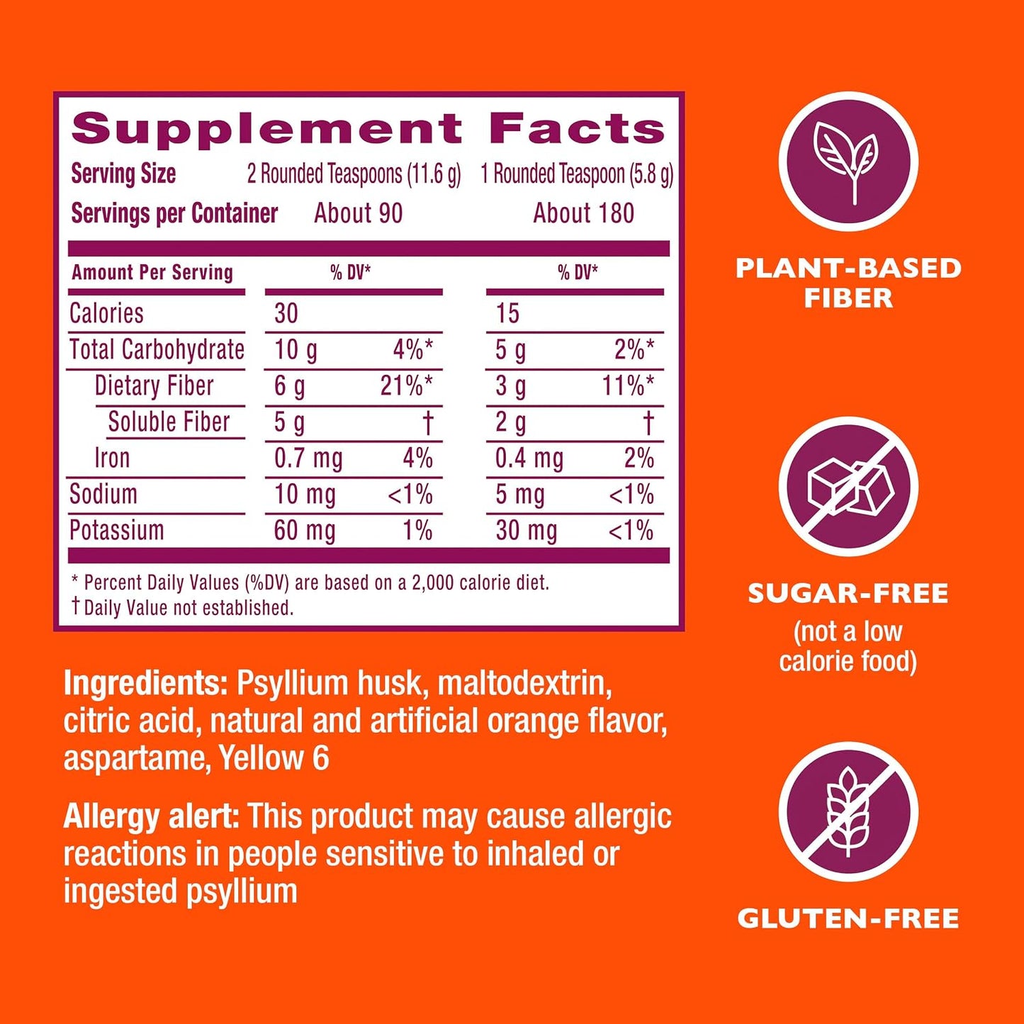 Metamucil 4-in-1 Psyllium Husk Fiber Supplement Sugar-Free Orange 180 Servings