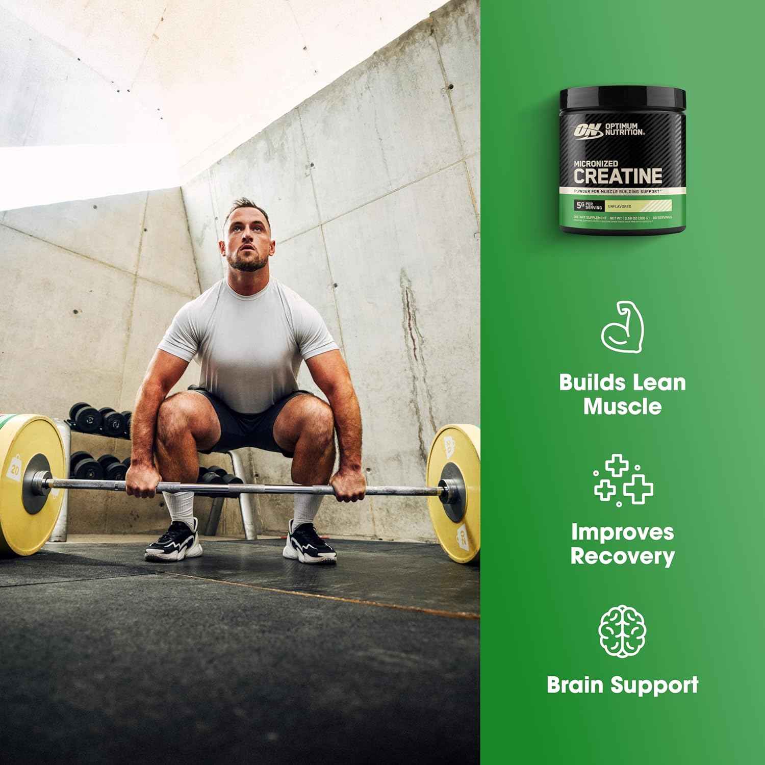 Optimum Nutrition Micronized Creatine Monohydrate Powder Supports Strength & Recovery, Banned Substance Tested Unflavored 5g 60 Servings