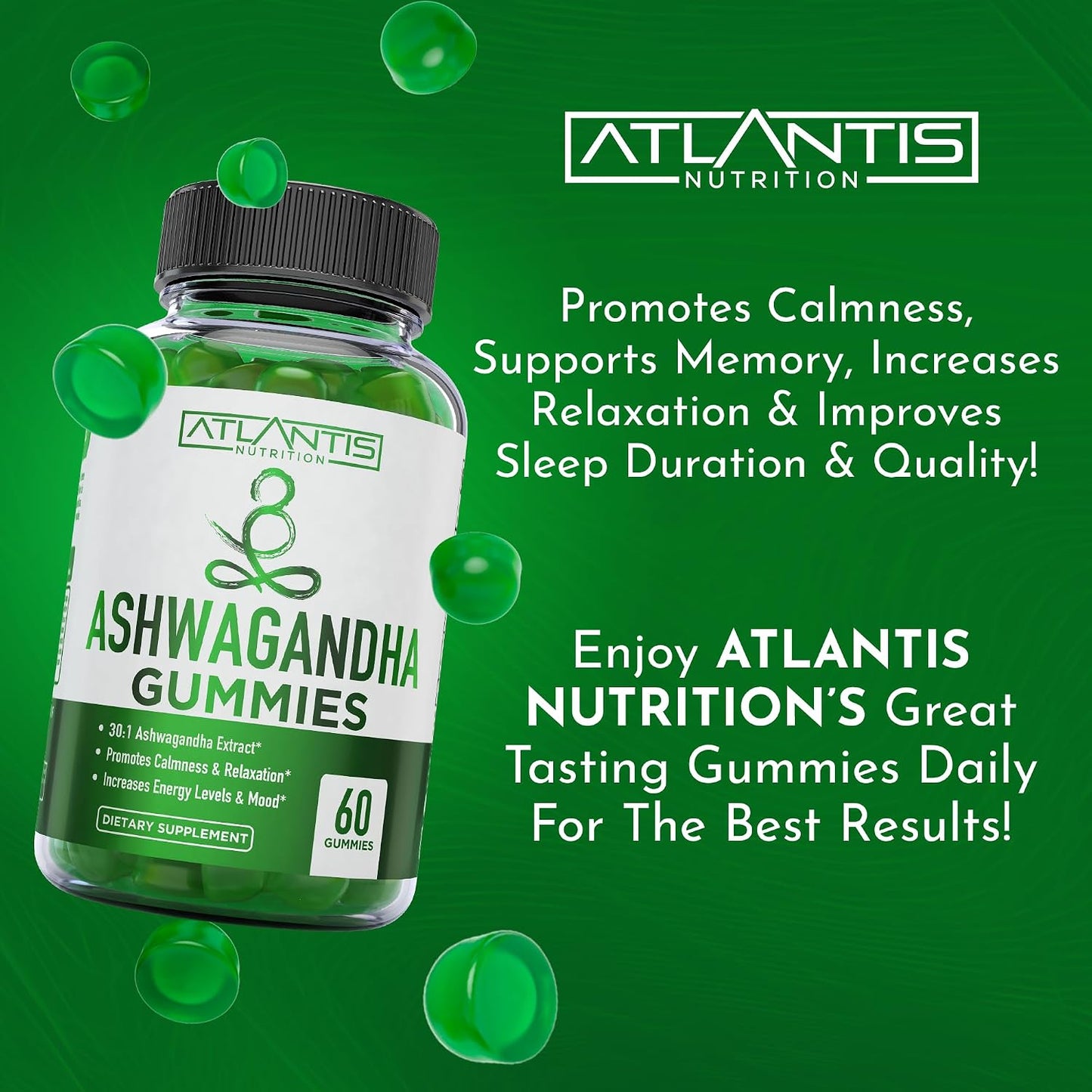 Atlantis Nutrition Ashwagandha Calm Mood Support Cherry Gummies 60 Count